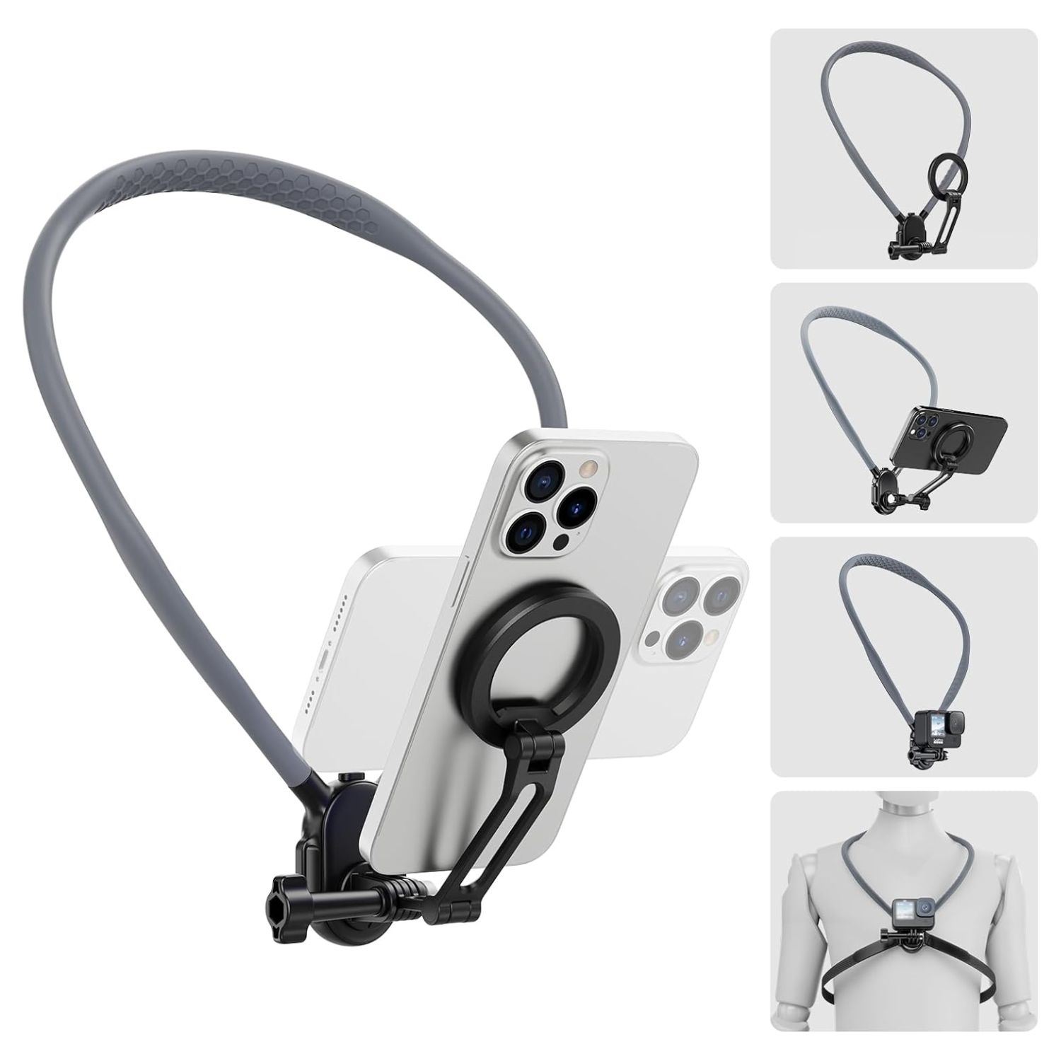 Soporte Magnético de Cuello para Grabación POV/Vlog, Compatible con iPhone, Android, GoPro e Insta360, con Correa Antivibración